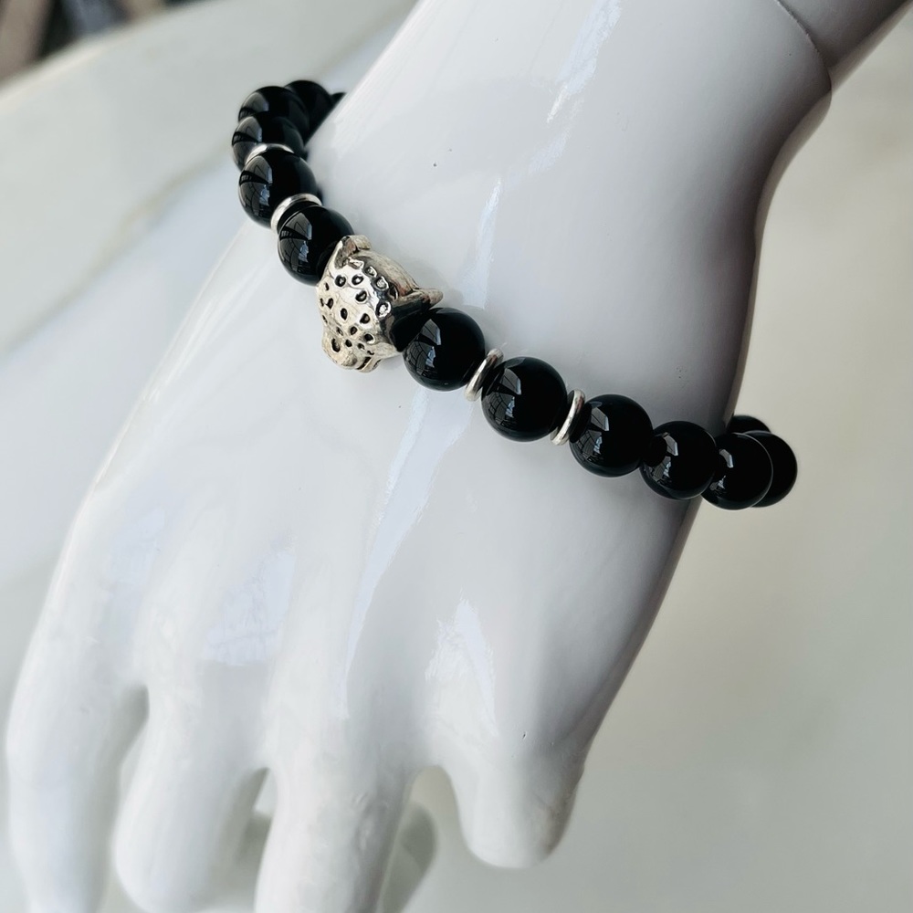 Men’s Women’s  Natural Black Agate Stone(8mm) Panther Stretch Bracelet